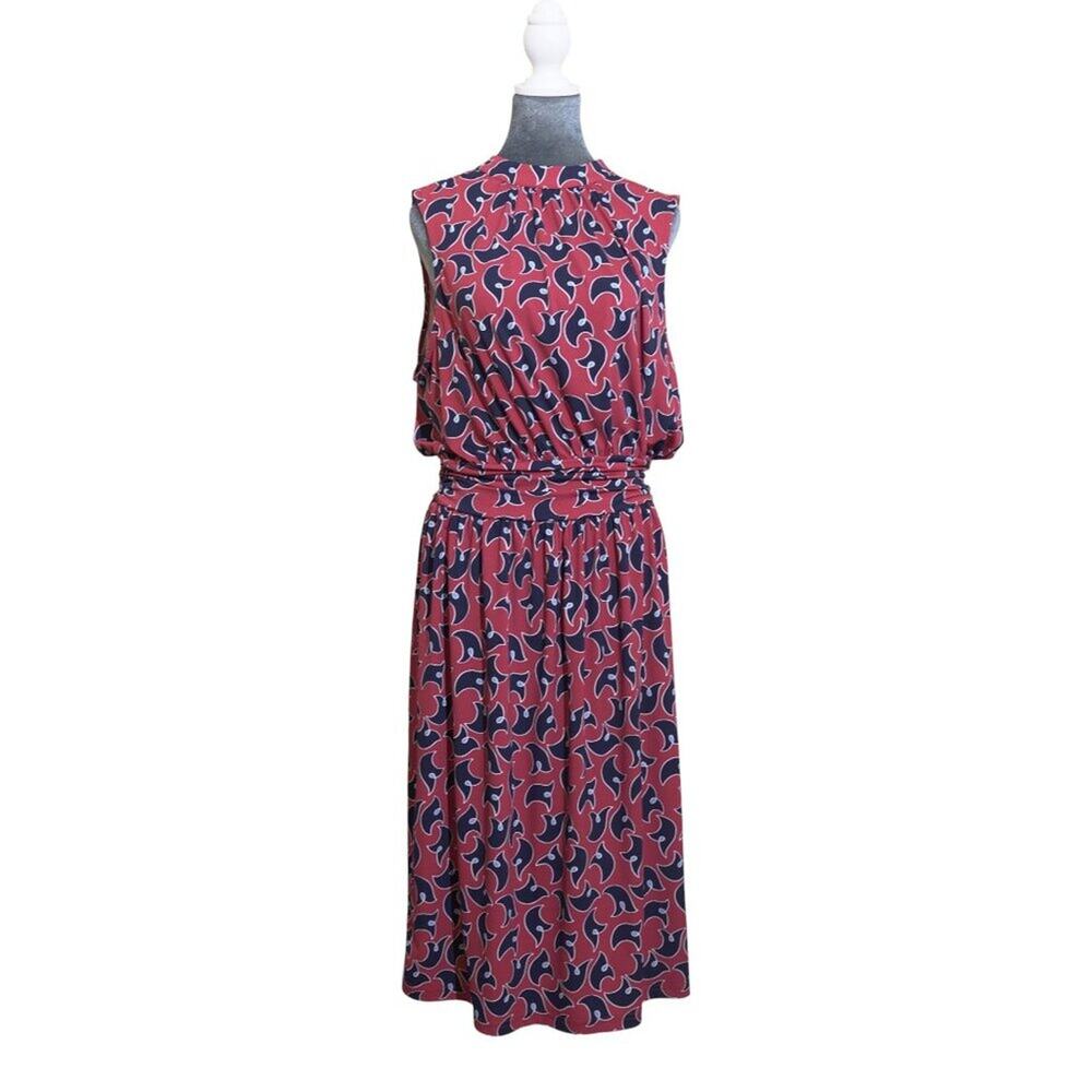 Leota Mock Neck Stretch Dress Sz L Red Blue 4th of July Colors Geo Print